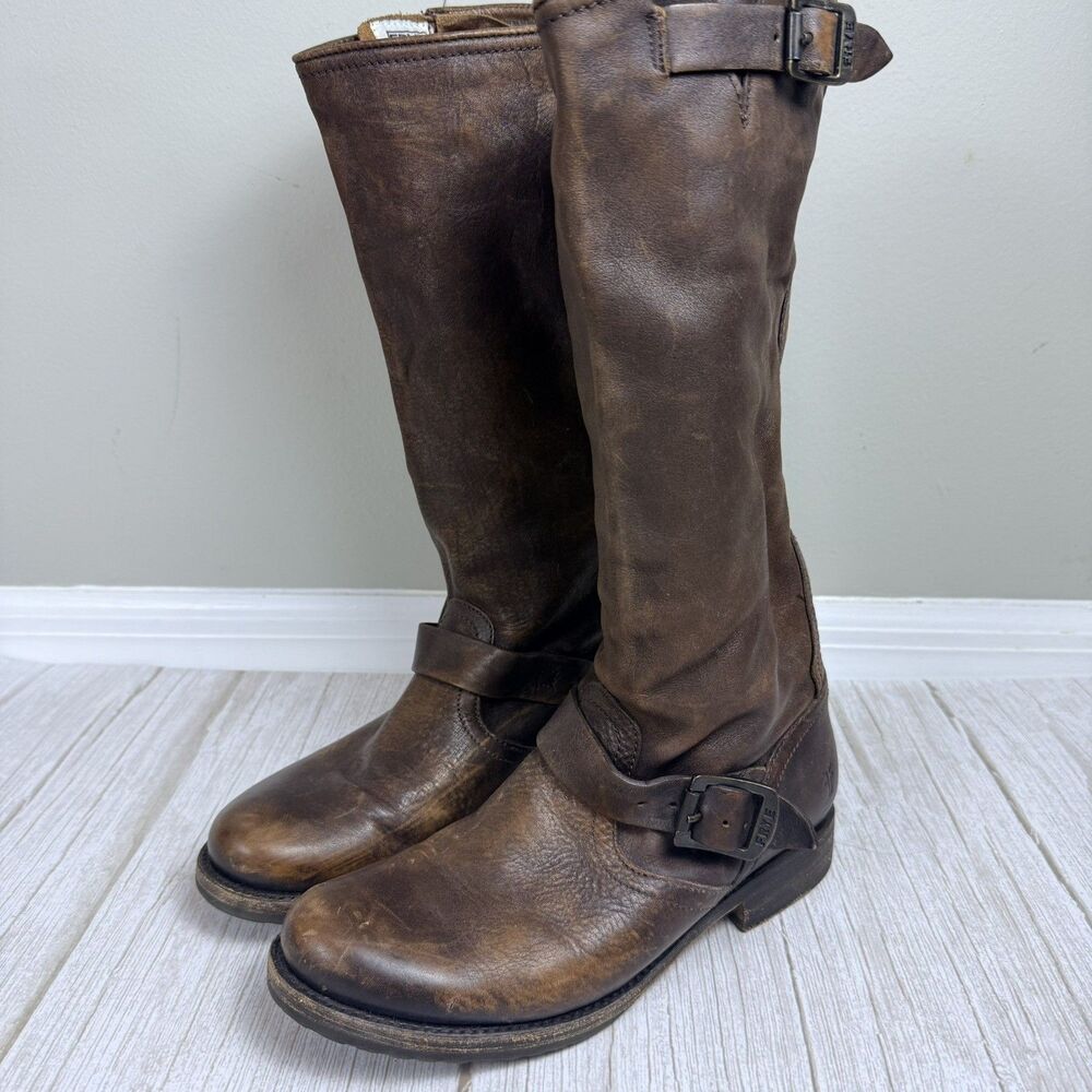 Frye 'Veronica Slouch' 2 Buckle Boots Dark Brown Size 8.5B Leather